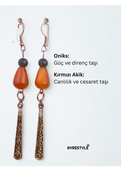 Kırmızı Akik ve Oniks Taşlı Motifli Çubuk Aparatlı Gümüş Renk Sallantılı Kadın Küpe fiyatları