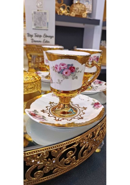 6 Kişilik Ayaklı Çiçek Desenli Kahve Fincan Takımı, Kırmızı Renkli Şık Tasarım