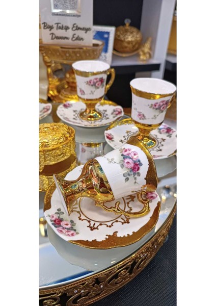 6 Kişilik Ayaklı Çiçek Desenli Kahve Fincan Takımı, Kırmızı Renkli Şık Tasarım fiyatları