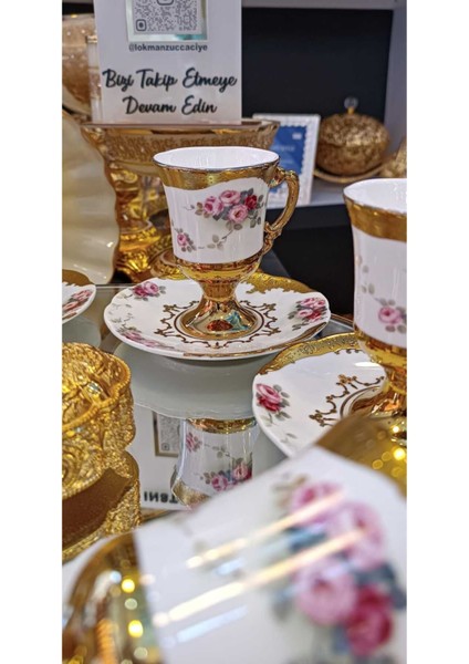 6 Kişilik Ayaklı Çiçek Desenli Kahve Fincan Takımı, Kırmızı Renkli Şık Tasarım modelleri