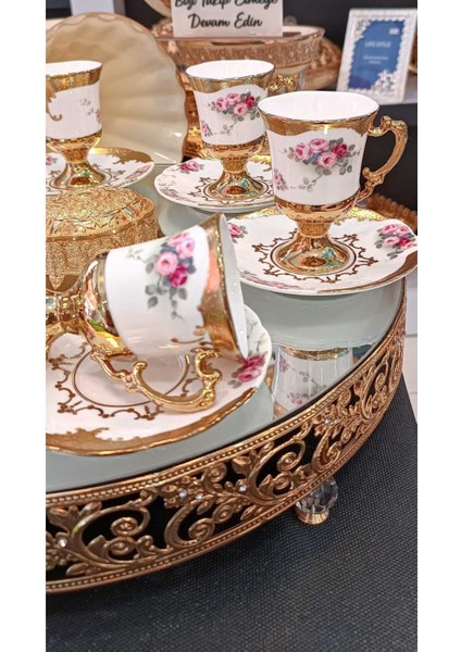 6 Kişilik Ayaklı Çiçek Desenli Kahve Fincan Takımı, Kırmızı Renkli Şık Tasarım fırsatları