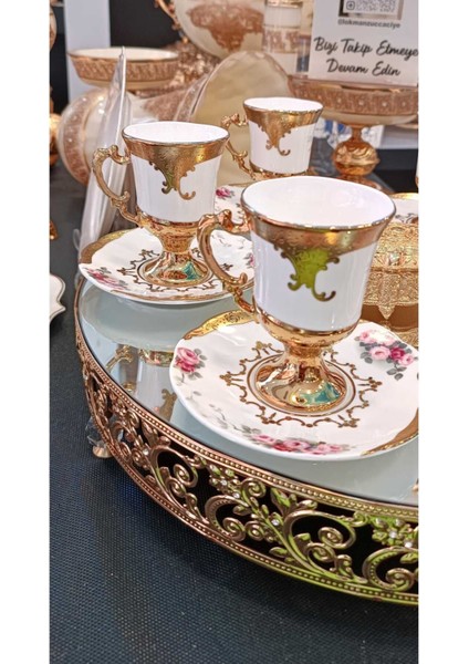 6 Kişilik Ayaklı Çiçek Desenli Kahve Fincan Takımı, Kırmızı Renkli Şık Tasarım indirimleri