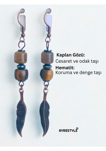 Kaplan Gözü ve Hematit Taşlı Kartal Tüyü Detaylı Bakır Renk Sallantılı Kadın Küpe fiyatları
