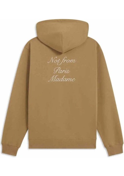 100% Pamuk Ice Brown Hoodie - 'not From Paris Madame' Sloganlı Şık Süet Kapüşonlu