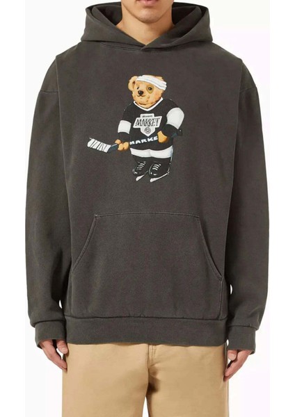Erkekler Için Hockey Bear Kapüşonlu Sweatshirt - Siyah Pamuk Ceketi
