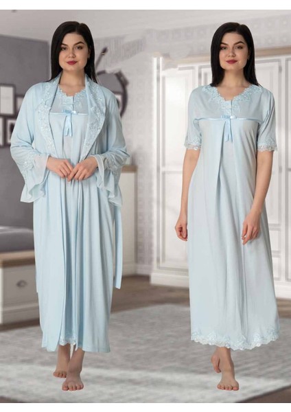 Dvina Effortt Lohusa Sabahlıklı Gecelik Takımı Mavi - 5035