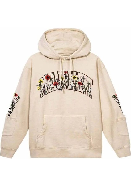 100% Pamuk Krem Renk Bouquet Kapüşonlu Sweatshirt - Erkekler Için Rahat Tasarım