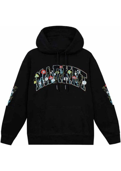 Çiçek Desenli Erkek Kapüşonlu Sweatshirt - %100 Pamuk, Siyah