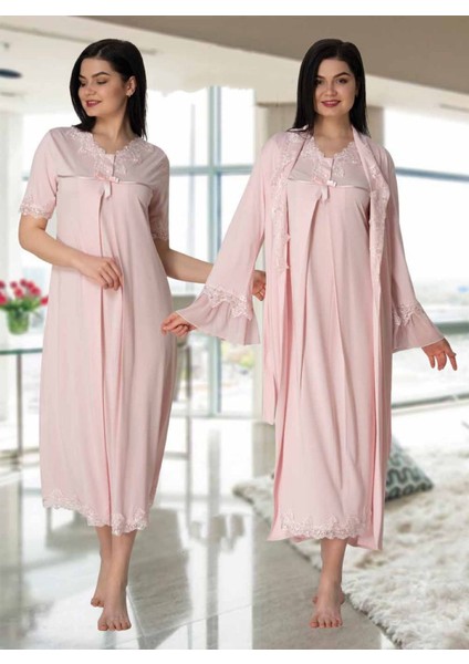 Dvina Effortt Lohusa Sabahlıklı Gecelik Takımı Pembe - 5035