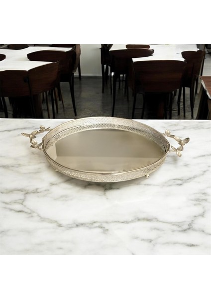Metal Çiçek Kulplu Aynalı Oval Tepsi 43 cm