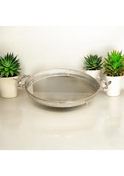 Metal Çiçek Kulplu Aynalı Oval Tepsi 43 cm fiyatları