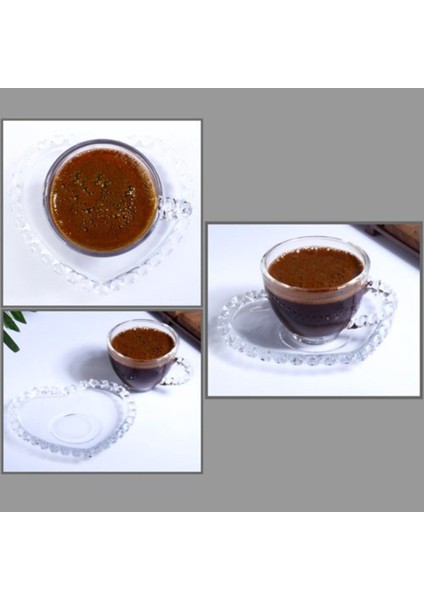 Turuncu Boncuklu Kahve Fincan Takımı, 6 Kişilik, Kalp Detaylı, 12 Parça