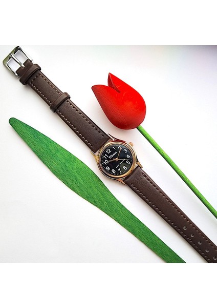 Retro Kayışlı Kadın Kol Saati, Vintage Tasarım, Klasik Tasarım, Rose Gold, Koyu Kahve Kordon