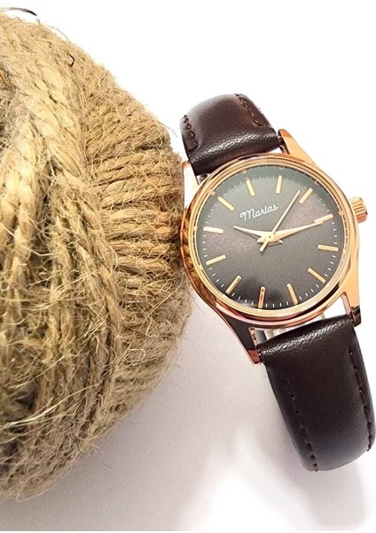 Retro Kadın Kol Saati, Vintage Minimal, Rose Gold Renk, Çizgili Kadran, Koyukahverengi Kordon fiyatları