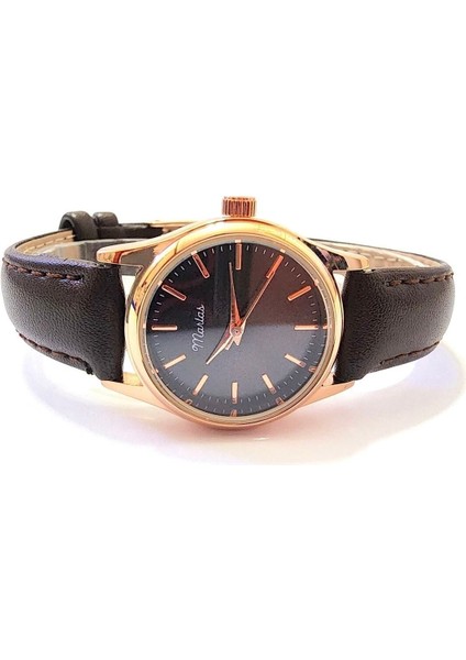Retro Kadın Kol Saati, Vintage Minimal, Rose Gold Renk, Çizgili Kadran, Koyukahverengi Kordon fırsatları