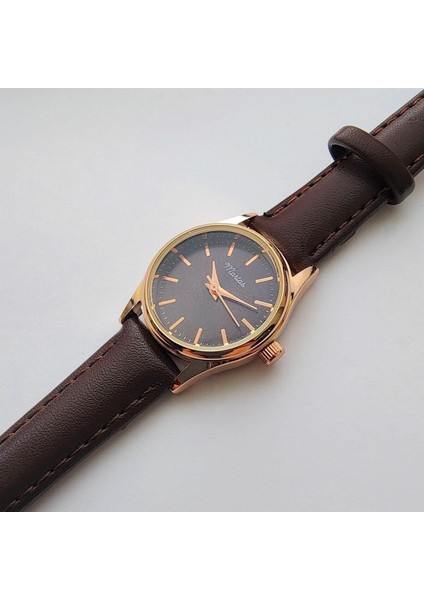 Retro Kadın Kol Saati, Vintage Minimal, Rose Gold Renk, Çizgili Kadran, Koyukahverengi Kordon