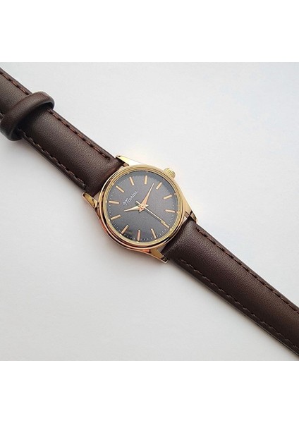 Retro Kadın Kol Saati, Vintage Minimal, Rose Gold Renk, Çizgili Kadran, Koyukahverengi Kordon