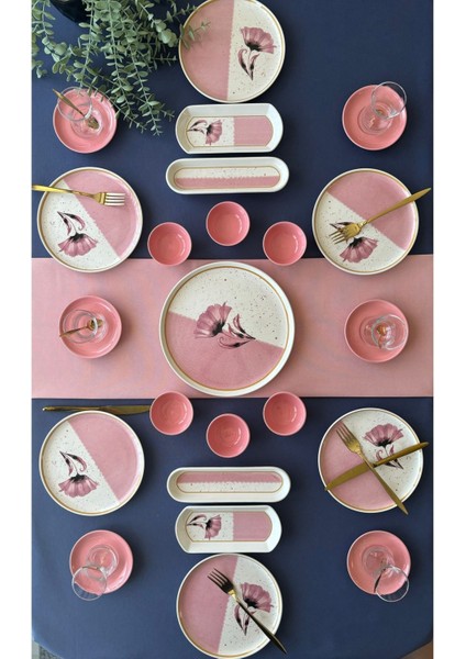 Gelincik Model 6 Kişilik 23 Parça Çay Tabaklı Kahvaltı Takımı (Pembe)