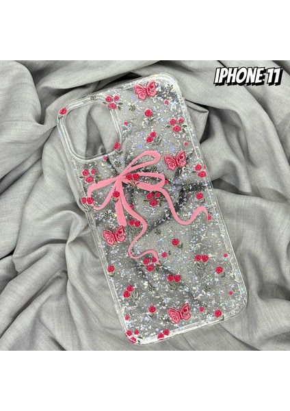 iPhone 11 Uyumlu Pembe Fiyonk ve Kelebekli Simli Şeffaf Parıltılı Premium Telefon Kılıfı