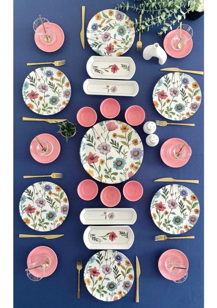 Flora Model 6 Kişilik 23 Parça Çay Tabaklı Kahvaltı Takımı (Pembe)