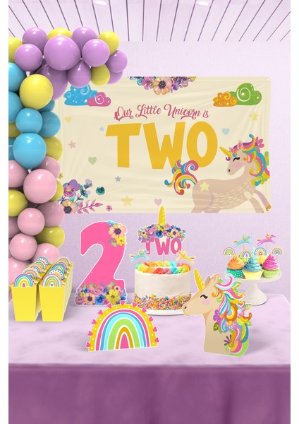 Unicorn Temalı 2 Yaş Doğum Günü Süsü Parti Seti - Unicorn Doğum Günü Konsepti - Maxi