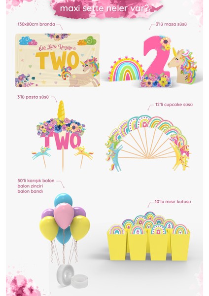 Unicorn Temalı 2 Yaş Doğum Günü Süsü Parti Seti - Unicorn Doğum Günü Konsepti - Maxi fiyatları