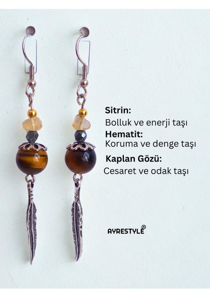 Sitrin Hematit Kaplan Gözü Taşlı Kartal Tüyü Detaylı Gümüş Renk Sallantılı Kadın Küpe fiyatları