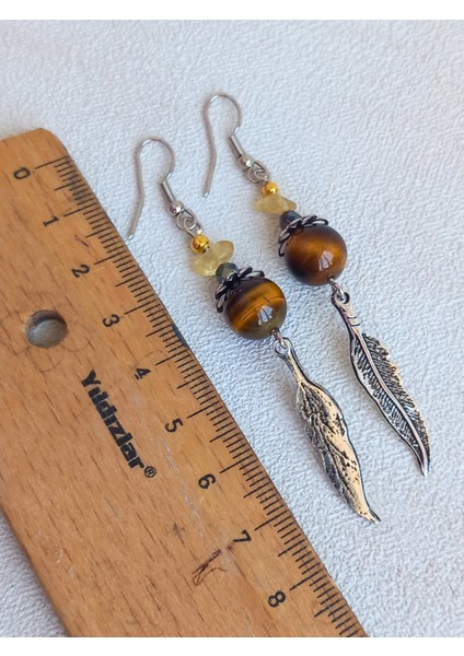 Sitrin Hematit Kaplan Gözü Taşlı Kartal Tüyü Detaylı Gümüş Renk Sallantılı Kadın Küpe modelleri