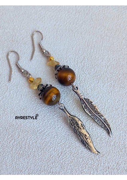 Sitrin Hematit Kaplan Gözü Taşlı Kartal Tüyü Detaylı Gümüş Renk Sallantılı Kadın Küpe fırsatları