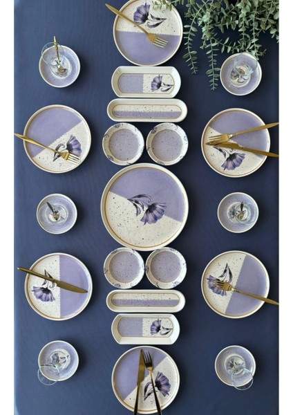 Gelincik Model 6 Kişilik 21 Parça Çay Tabaklı Kahvaltı Takımı (Mor)