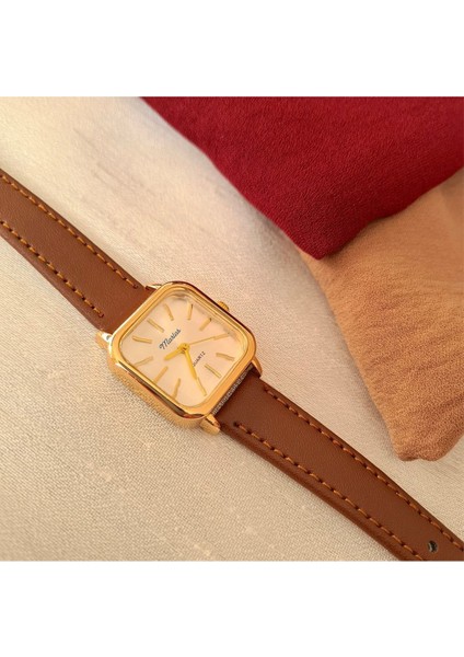 Retro Kadın Kol Saati Vintage Tasarım Gold Rengi Açık Kahverengi Camel