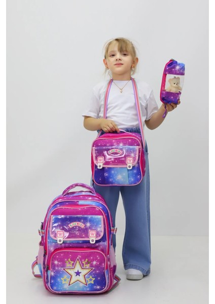 Kız Çocuk 3'lü Okul Çanta Seti Sırt Çantası Beslenme Çantası Kalemlik Peluş Oyuncak Hediyeli indirimleri