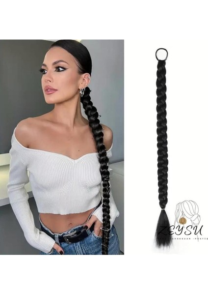 Siyah Renk At Kuyruğu Takma Lastik Tokalı Örgülü Saç (65 Cm)