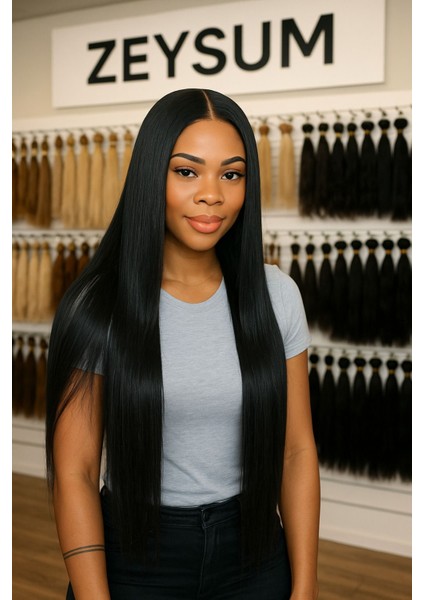 Koyu Siyah Saç Düz Çıtçıtlı Postiş Takma Saç 60CM 110GR Isıya Dayanıklı Yarımay