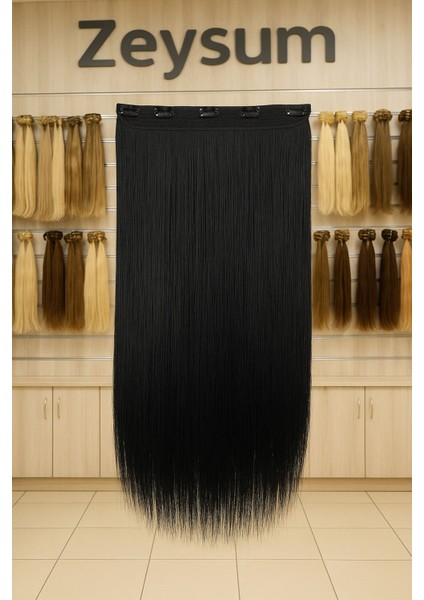 Koyu Siyah Saç Düz Çıtçıtlı Postiş Takma Saç 60CM 110GR Isıya Dayanıklı Yarımay modelleri