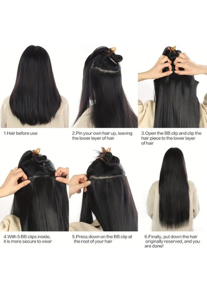 Koyu Siyah Saç Düz Çıtçıtlı Postiş Takma Saç 60CM 110GR Isıya Dayanıklı Yarımay fırsatları