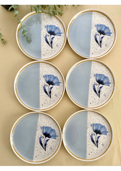 6 Adet Mavi Yuvarlak Seramik Servis Tabağı Çiçek Desenli Zarif Tasarım