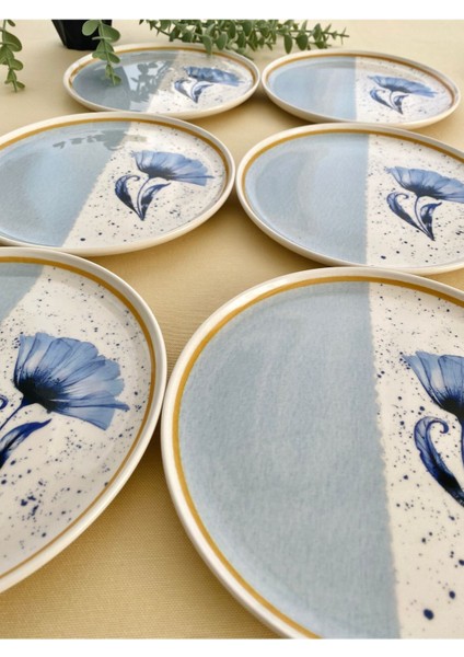 6 Adet Mavi Yuvarlak Seramik Servis Tabağı Çiçek Desenli Zarif Tasarım fiyatları