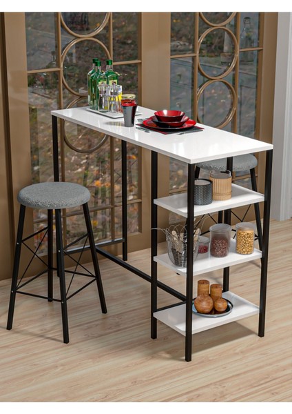 Beyaz Raflı Yuvarlak Tabureli Bar Takımı 4651A