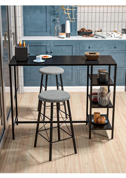 Siyah Raflı Yuvarlak Tabureli Bar Takımı 4651S