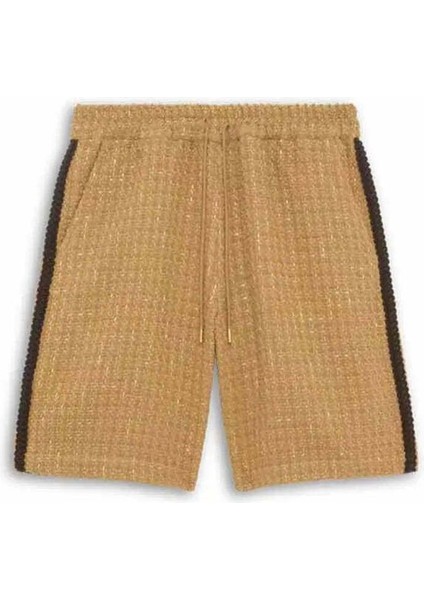 Bej Renkli Tweed Şort - Elastik Bel ve Dikkat Çekici Örgü Detaylar