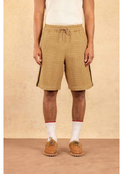 Bej Renkli Tweed Şort - Elastik Bel ve Dikkat Çekici Örgü Detaylar fiyatları