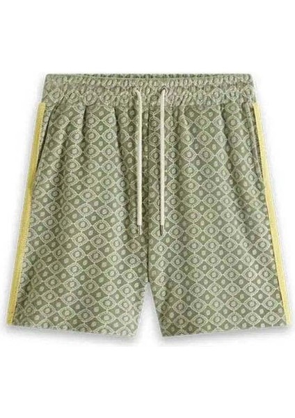 Yeşil Kadife Monogramlı Kısa Şort - Regular Fit, Rahat Tasarım