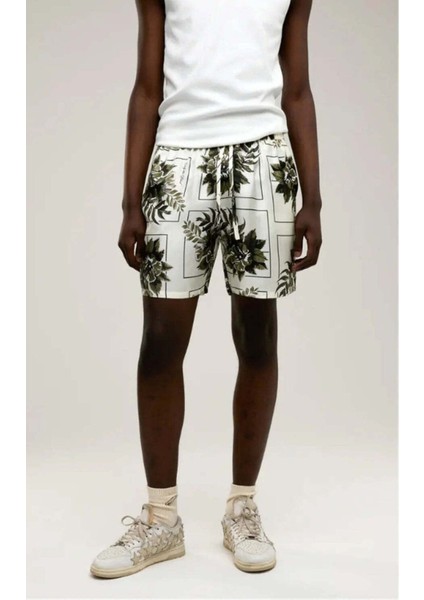 Erkekler Için Ipek Şort - Botanical Silk, Ivory Renk, Konforlu ve Şık