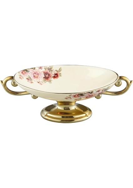 Çiçekli Vintage Tatlı ve Meyve Kasesi, Seramik Ayaklı Sunum Tabağı 29,5 cm