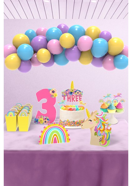 Unicorn Doğum Günü Konsepti 3 Yaş Parti Seti - Doğum Günü Konsepti - Midi