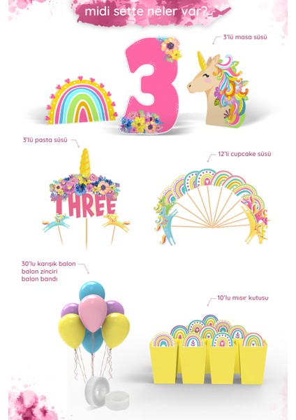 Unicorn Doğum Günü Konsepti 3 Yaş Parti Seti - Doğum Günü Konsepti - Midi fiyatları