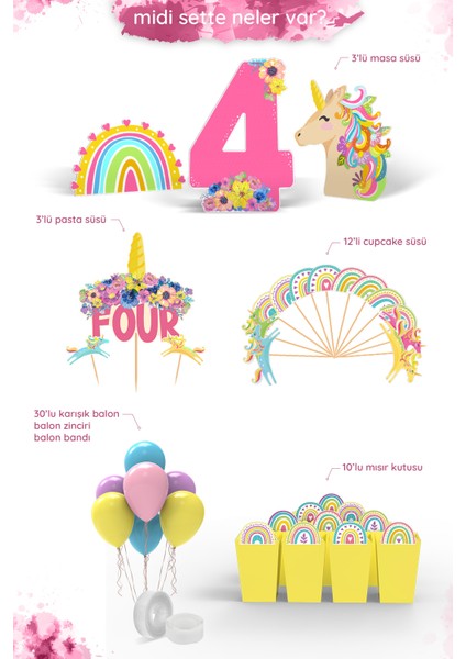 Unicorn Doğum Günü Konsepti 4 Yaş Parti Seti - Doğum Günü Konsepti - Midi fiyatları