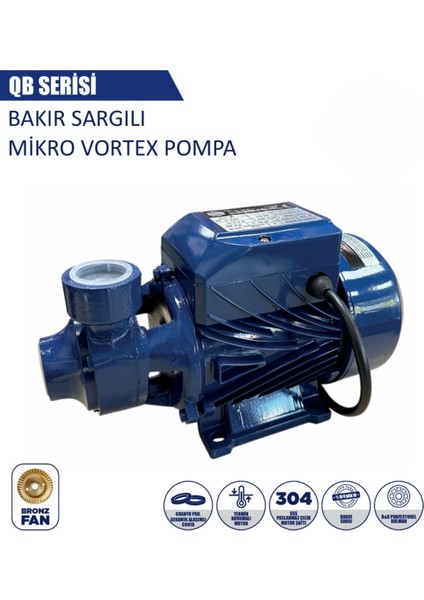%100 Bakır Sargılı Mikro Vorteks Su Pompası QB60 Max 20 Metre Yükseklik Emiş 8 mt 0,5 Hp 1 Inç