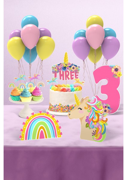 Unicorn Doğum Günü Konsepti 3 Yaş Parti Seti - Doğum Günü Konsepti - Mini